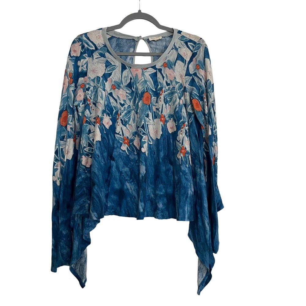 Meadow Rue Top Size M Blue Floral Linen Blend Sharkbite Hem Boho Chic Whimsical